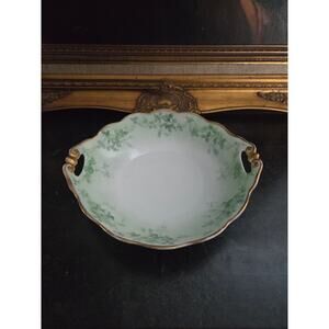 Antique Moritz MZ Austria Green Floral Porcelain Serving Bowl Handles 1890s 10"